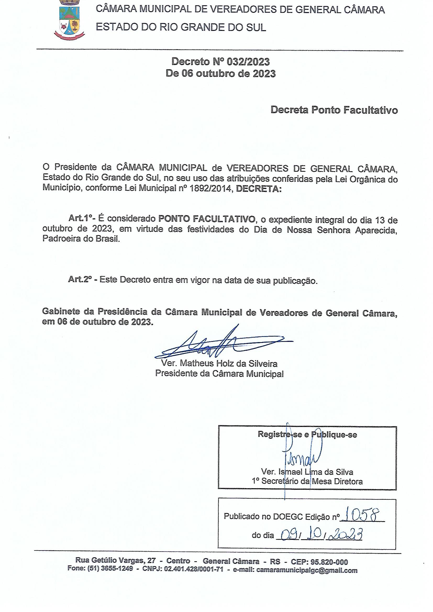 Decreto n° 032/2023 - Decreta Ponto Facultativo dia 13/10