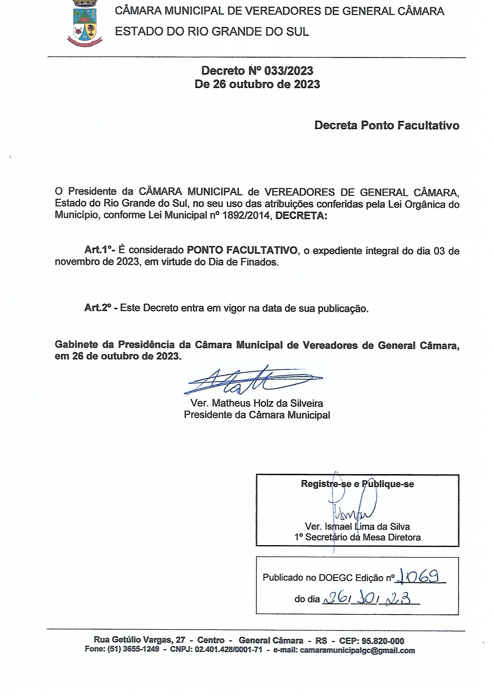 Decreto Ponto Facultativo N° 033/2023 